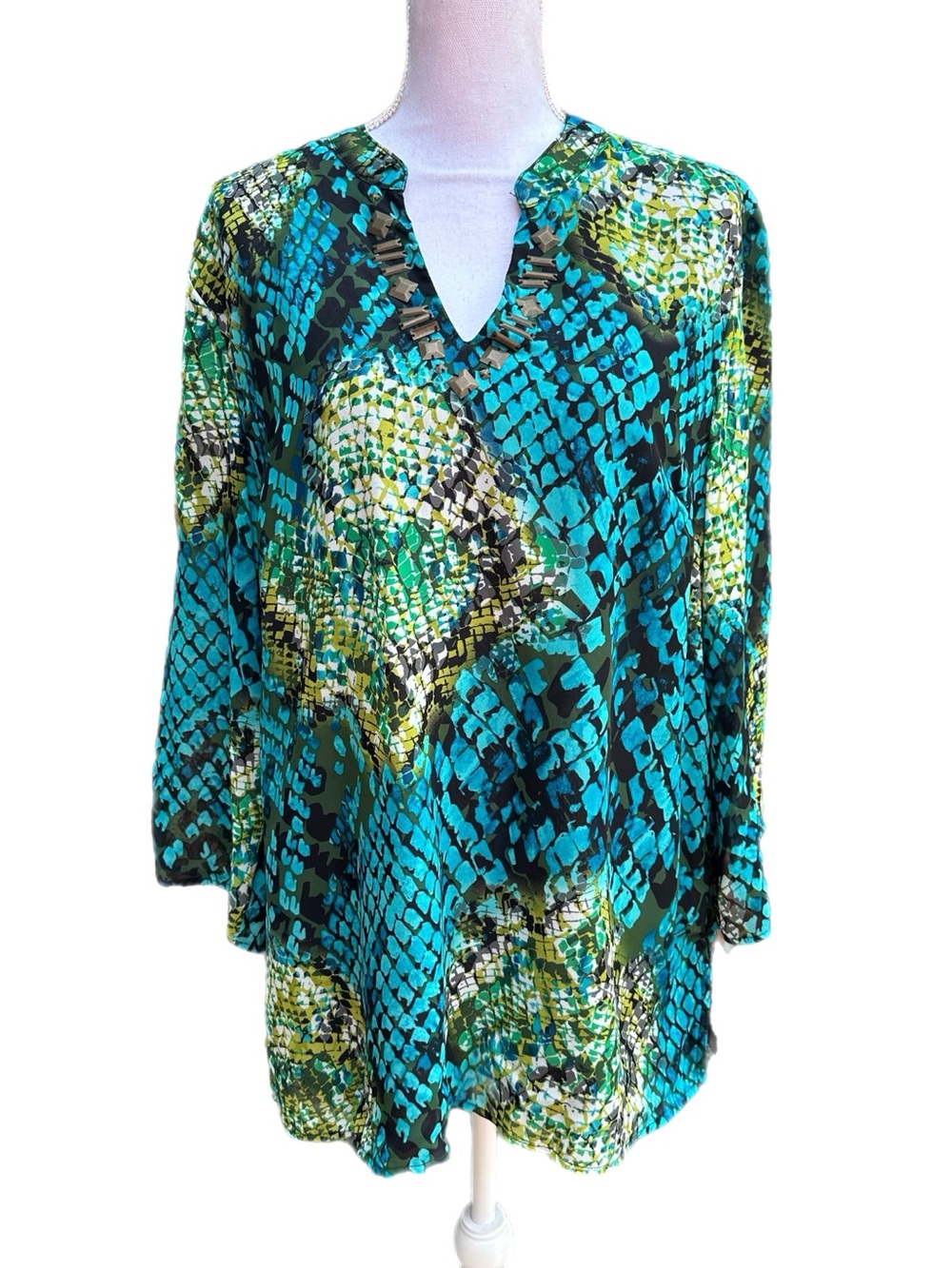 JM Collection Teal & Green Printed Sheer Tunic Top w/Metal Beaded Embellishment